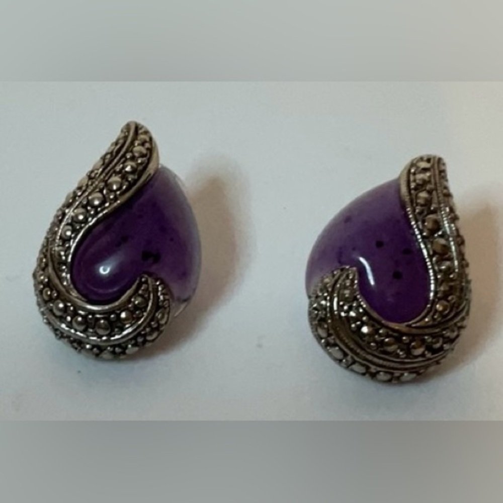 Avon Vintage 90’s Purple Stone Tear Drop‎ Silver Earrings